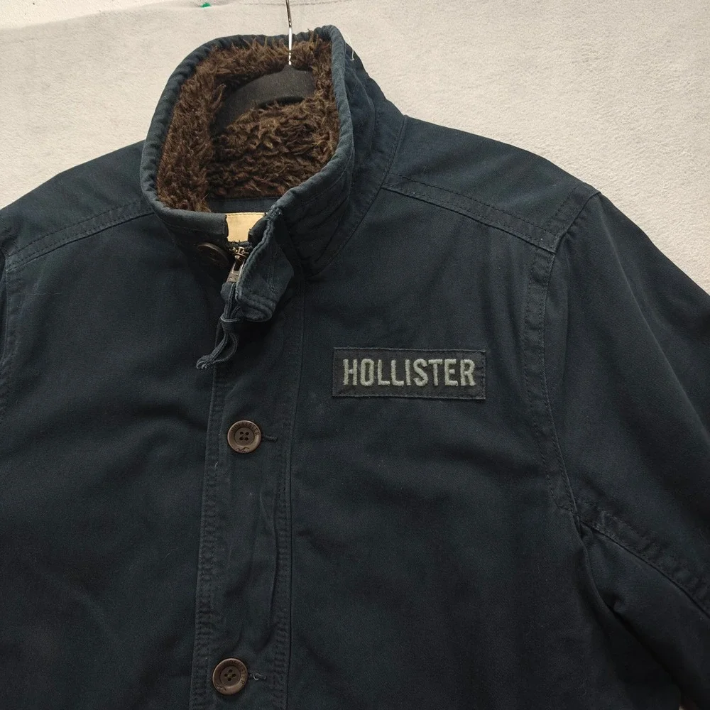 Y2K Hollister Military Jacket Mens XL Blue Sherpa Lined Full Zip Utility Heavy